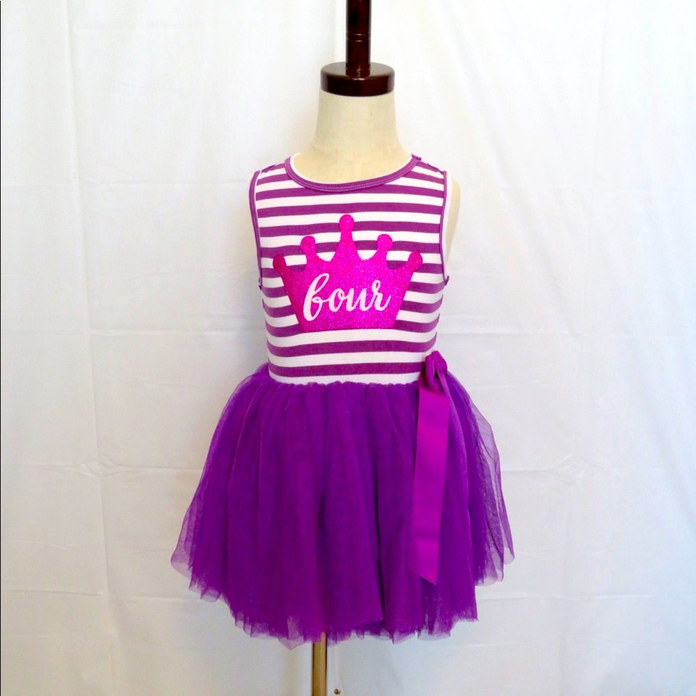 Purple and white striped fourth birthday dress